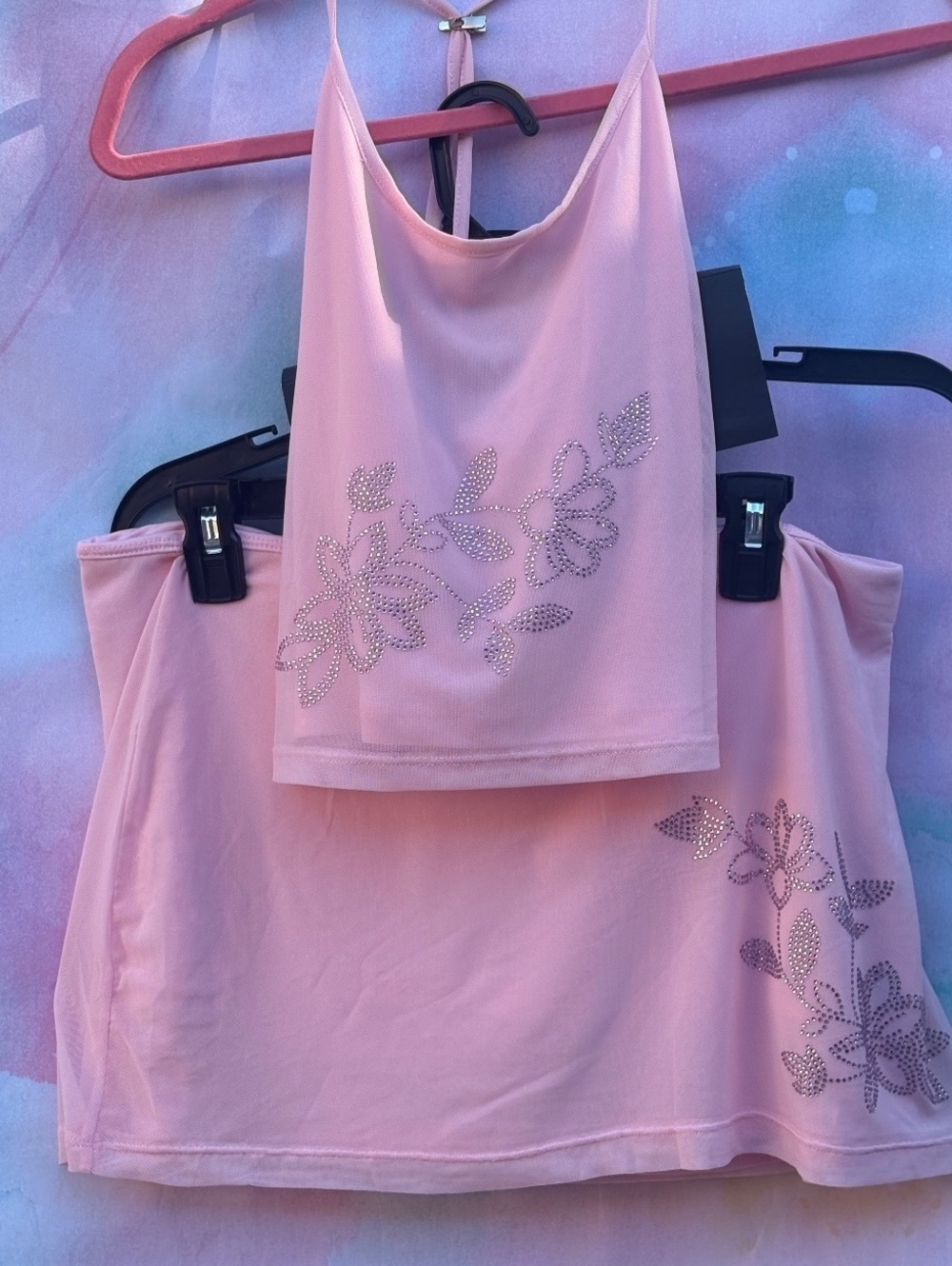 Y2K Pink Floral Rhinestone Embellished Tank Top and Skirt Set